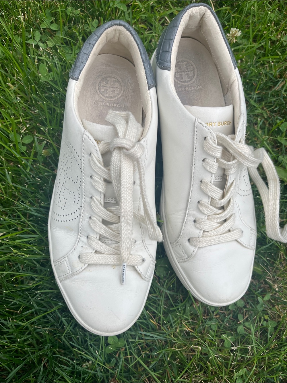 Tory Burch Cream Leather Perforated Lace-Up Sneakers with Black Heel Tab 7.5
